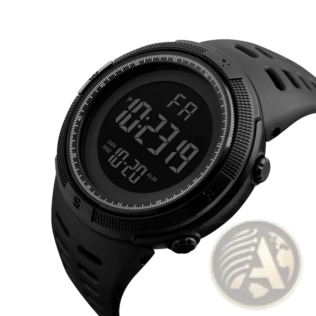 Men waterproof digital sports watch in black with rugged textured bezel and perforated strap for durable comfort
