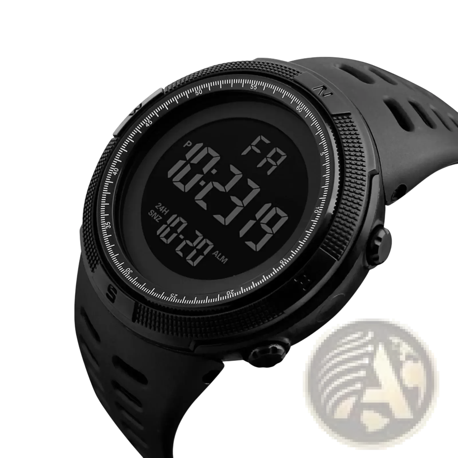 Men waterproof digital sports watch in black with rugged textured bezel and perforated strap for durable comfort