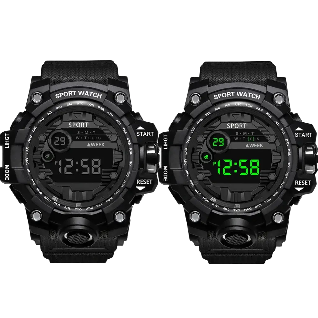 Black waterproof digital sports watch with large dial and nightlight feature for men