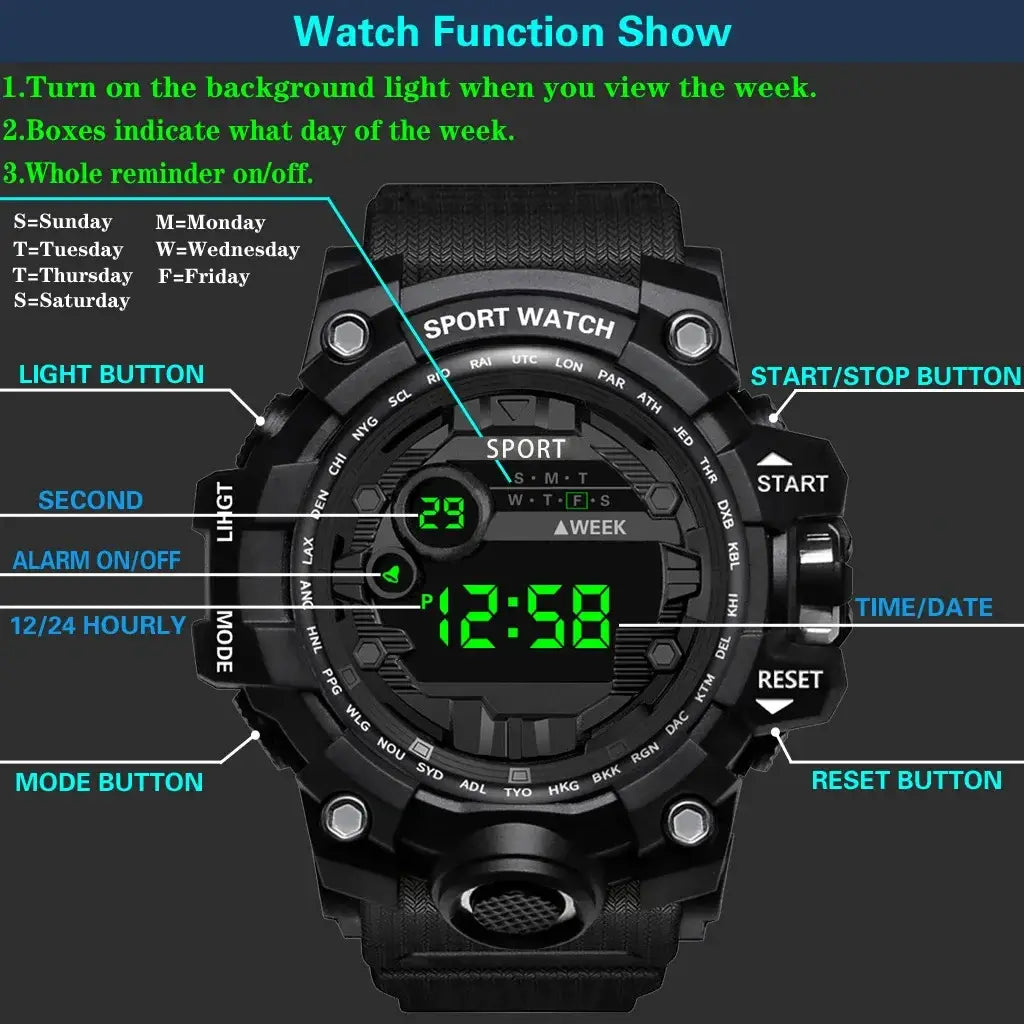 Men waterproof digital sports watch with large dial black case green led display and textured rubber strap