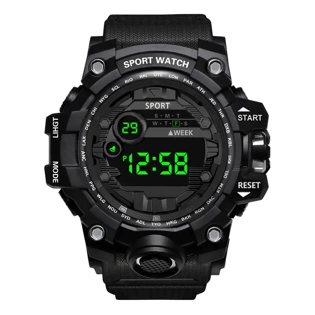 Men waterproof digital sports watch with black rugged textured casing and green led display large dial