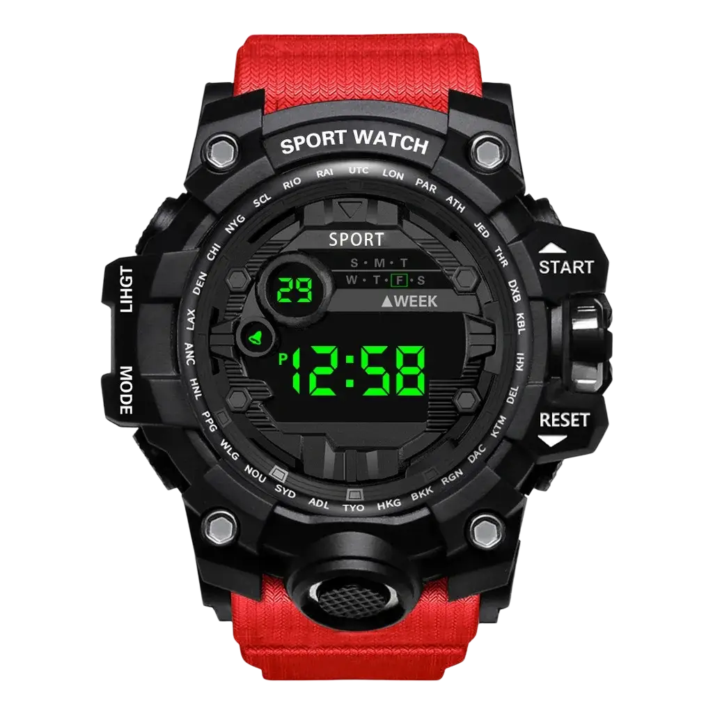 Men waterproof digital sports watch with black case red textured strap and green led large dial display