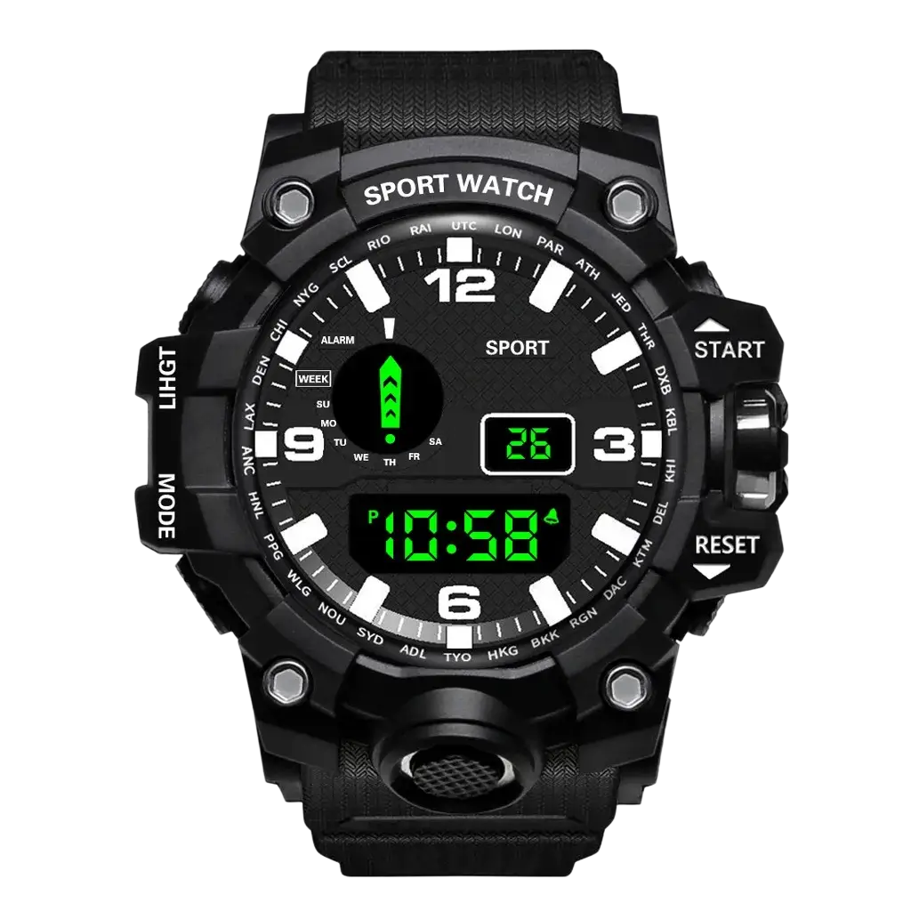 Men waterproof digital sports watch large dial black with green digital display and multiple functional buttons