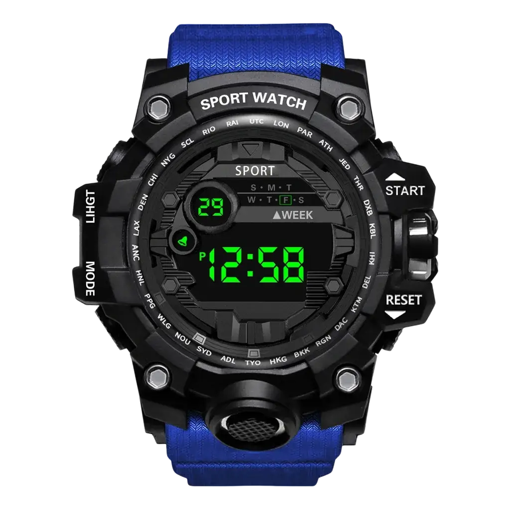 Men waterproof digital sports watch with black case, vibrant blue textured strap, and green led time display 1258