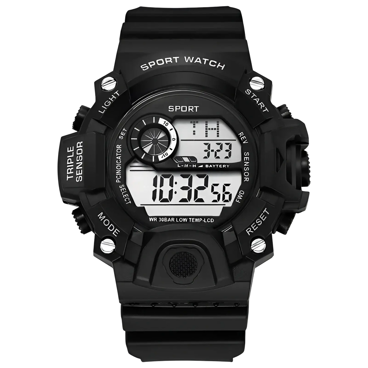 Black men waterproof digital sports watch with large dial rugged matte-finish plastic case and strap