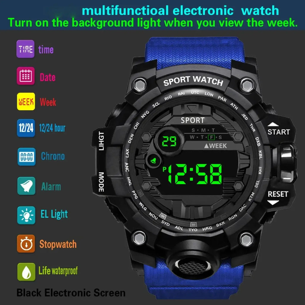 Men waterproof digital sports watch with black case, blue textured strap, and green led display showing time and date