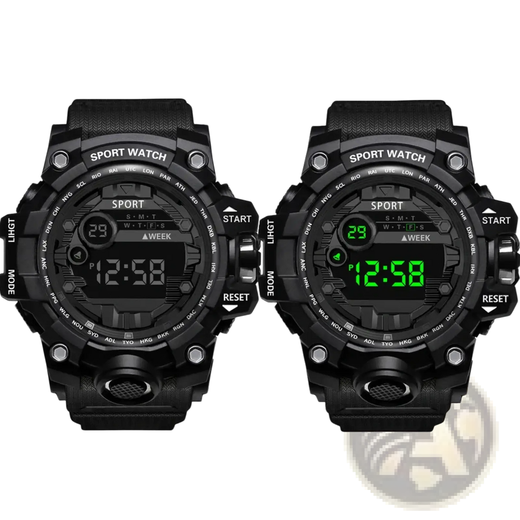 Black waterproof digital sports watch with large dial and nightlight feature for men