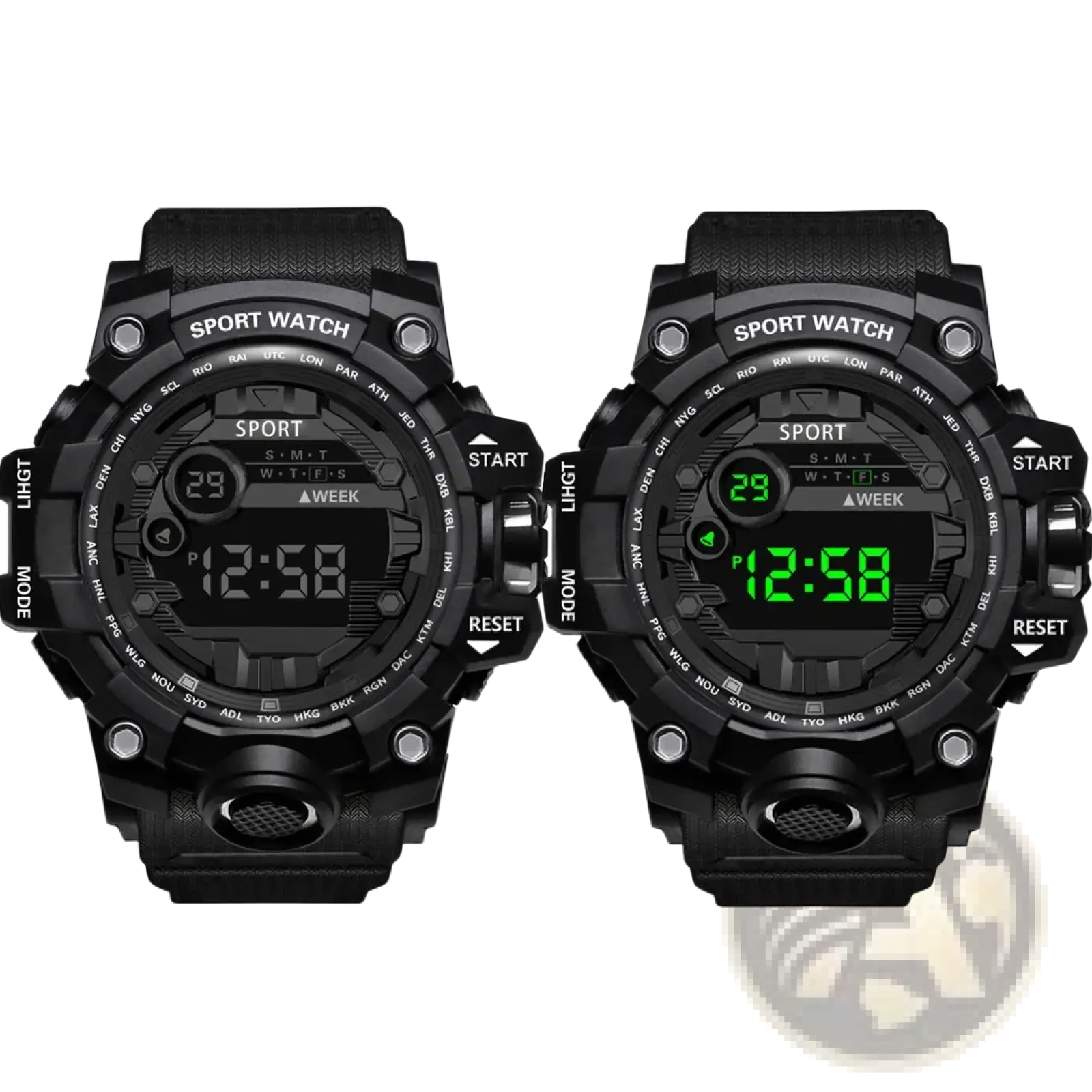 Black waterproof digital sports watch with large dial and nightlight feature for men