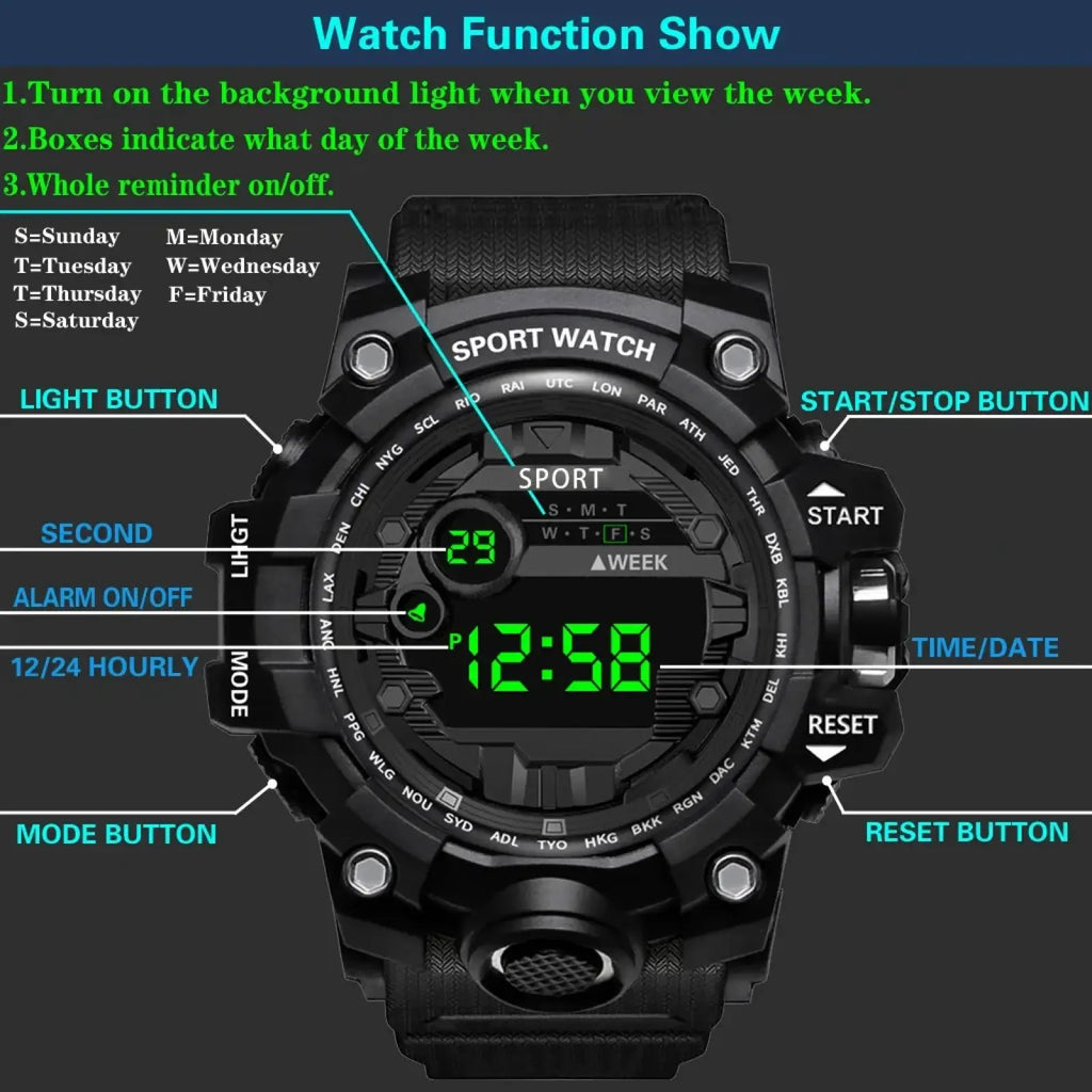 Men waterproof digital sports watch with large dial black case green led display and textured rubber strap