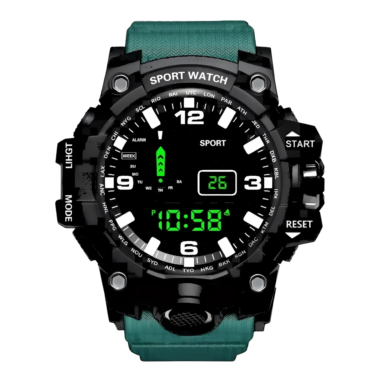 Men waterproof digital sports watch with black and teal rugged case, large dial, digital display, and textured strap