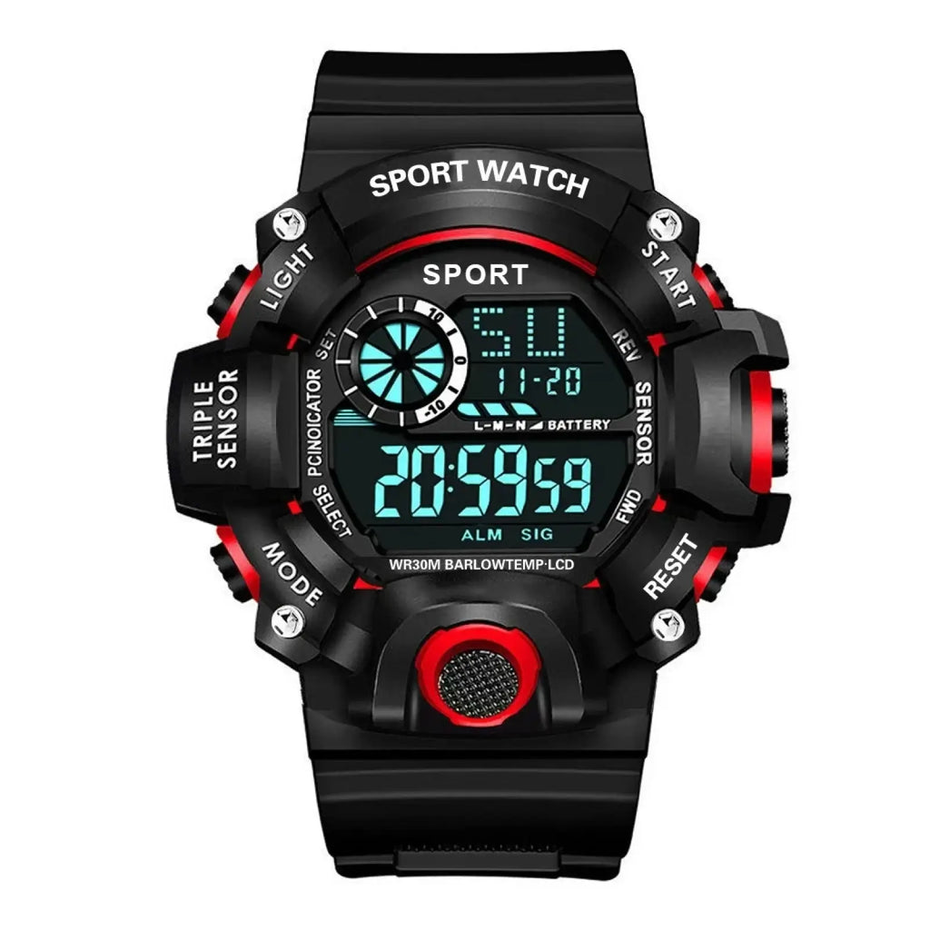 Men waterproof digital sports watch with rugged black and red design and bright blue LCD screen showing time and day
