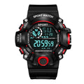 Men waterproof digital sports watch with rugged black and red design and bright blue LCD screen showing time and day