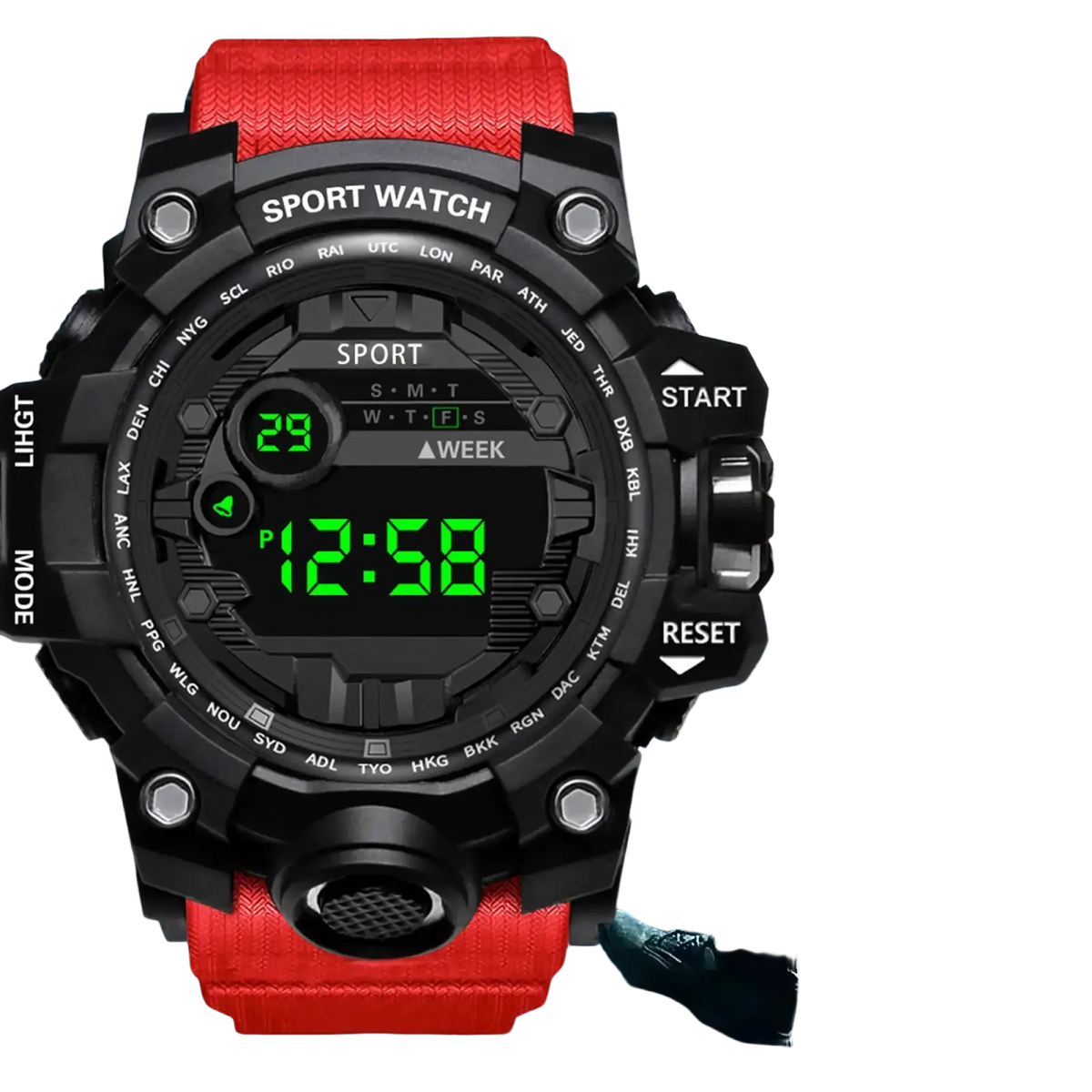 Red waterproof digital sports watch for men with large dial black face and green led display