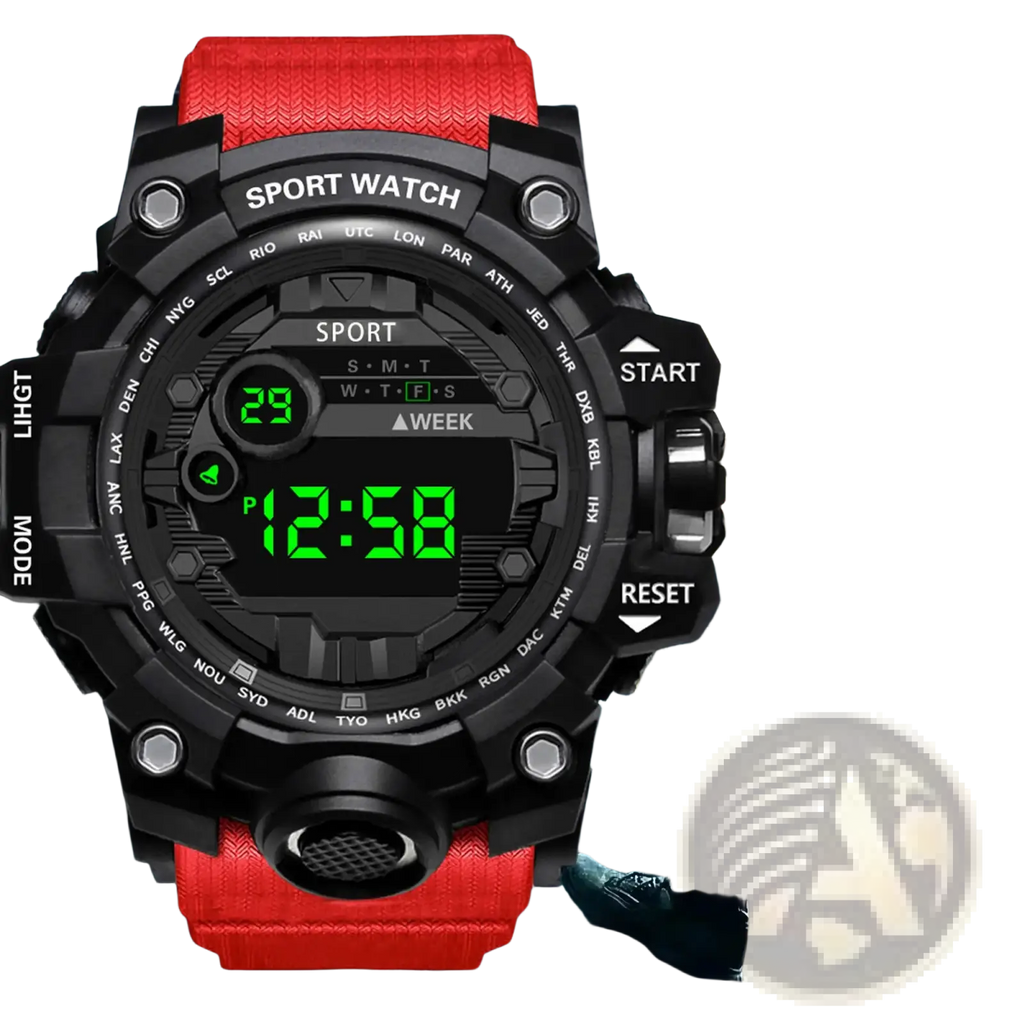 Red waterproof digital sports watch for men with large dial black face and green led display