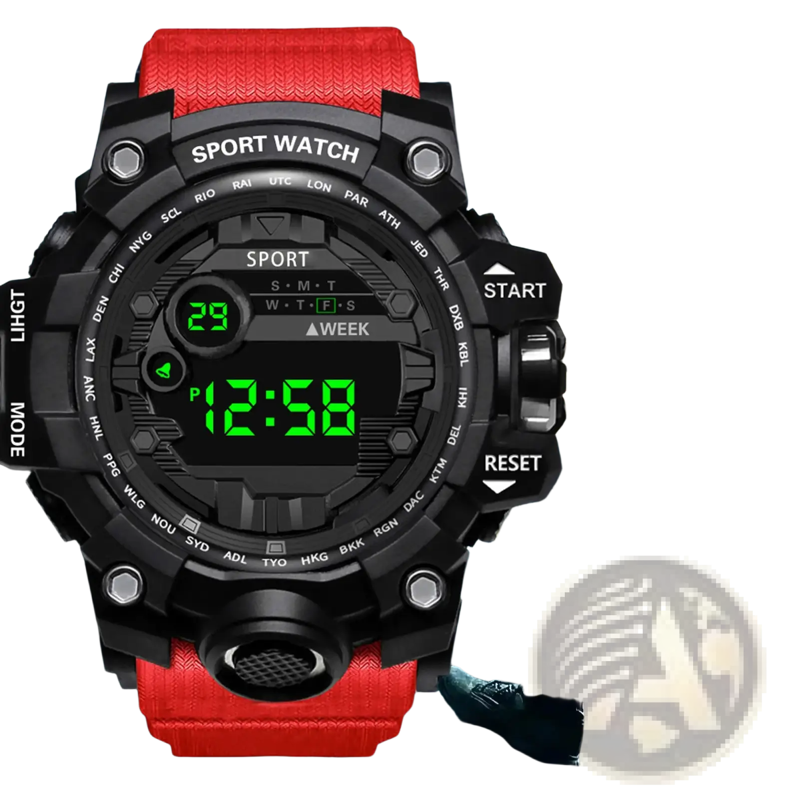 Red waterproof digital sports watch for men with large dial black face and green led display