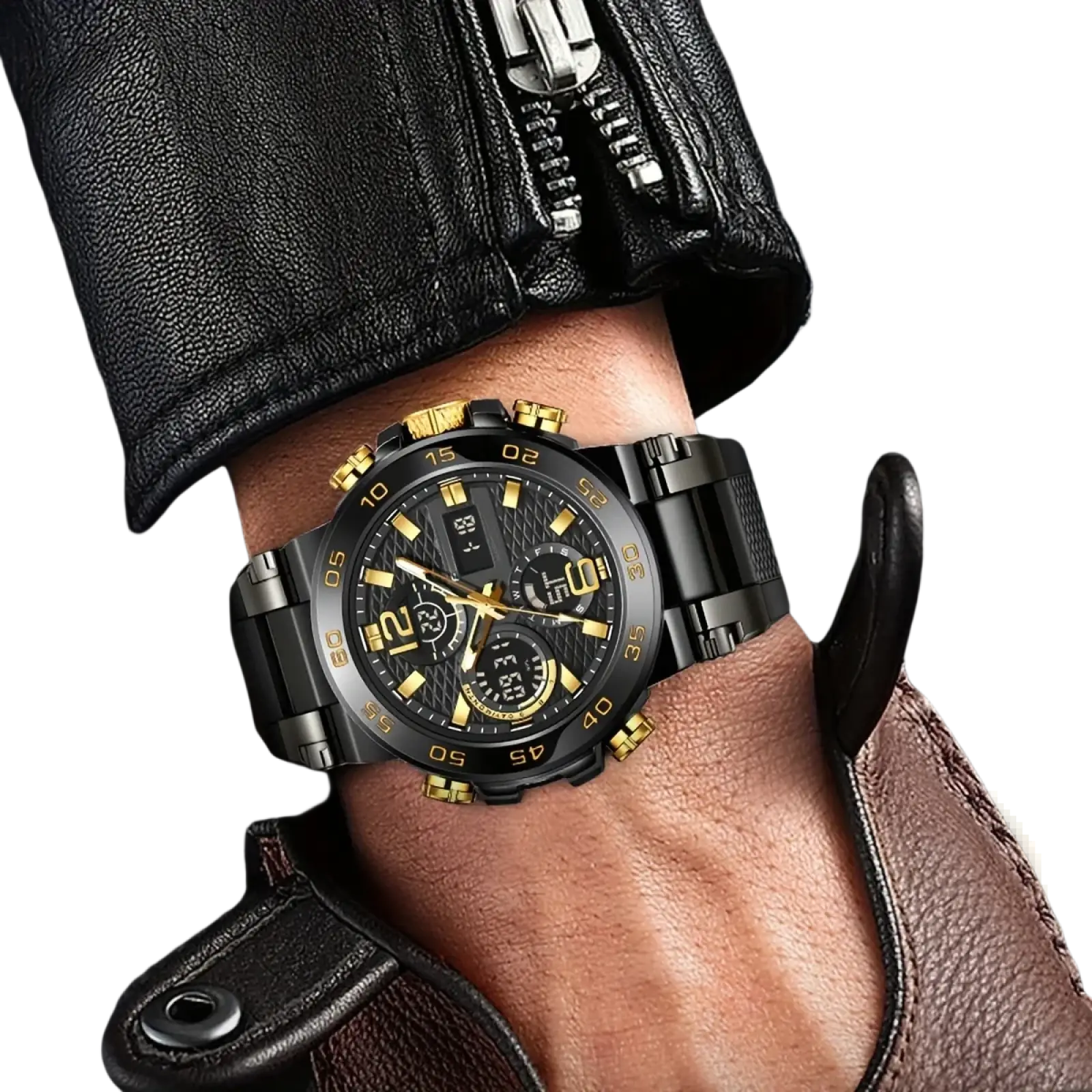 Men waterproof dual display sports watch with black and gold chronograph, textured dial, metallic bezel, and stainless steel band