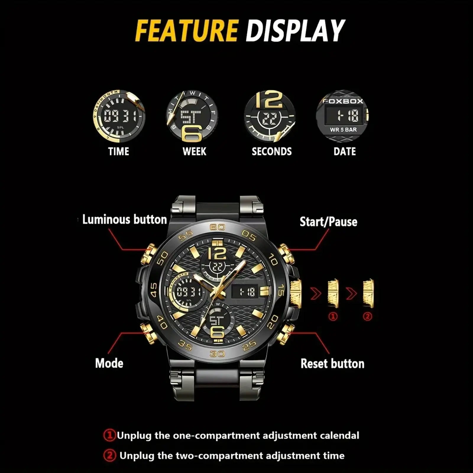 Black and gold men waterproof dual display sports watch with rugged metallic case and textured multi sub-dial analog dial