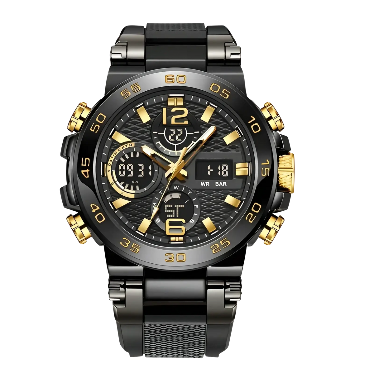 Men waterproof dual display sports watch in black and gold with textured dial and metallic bracelet for active use