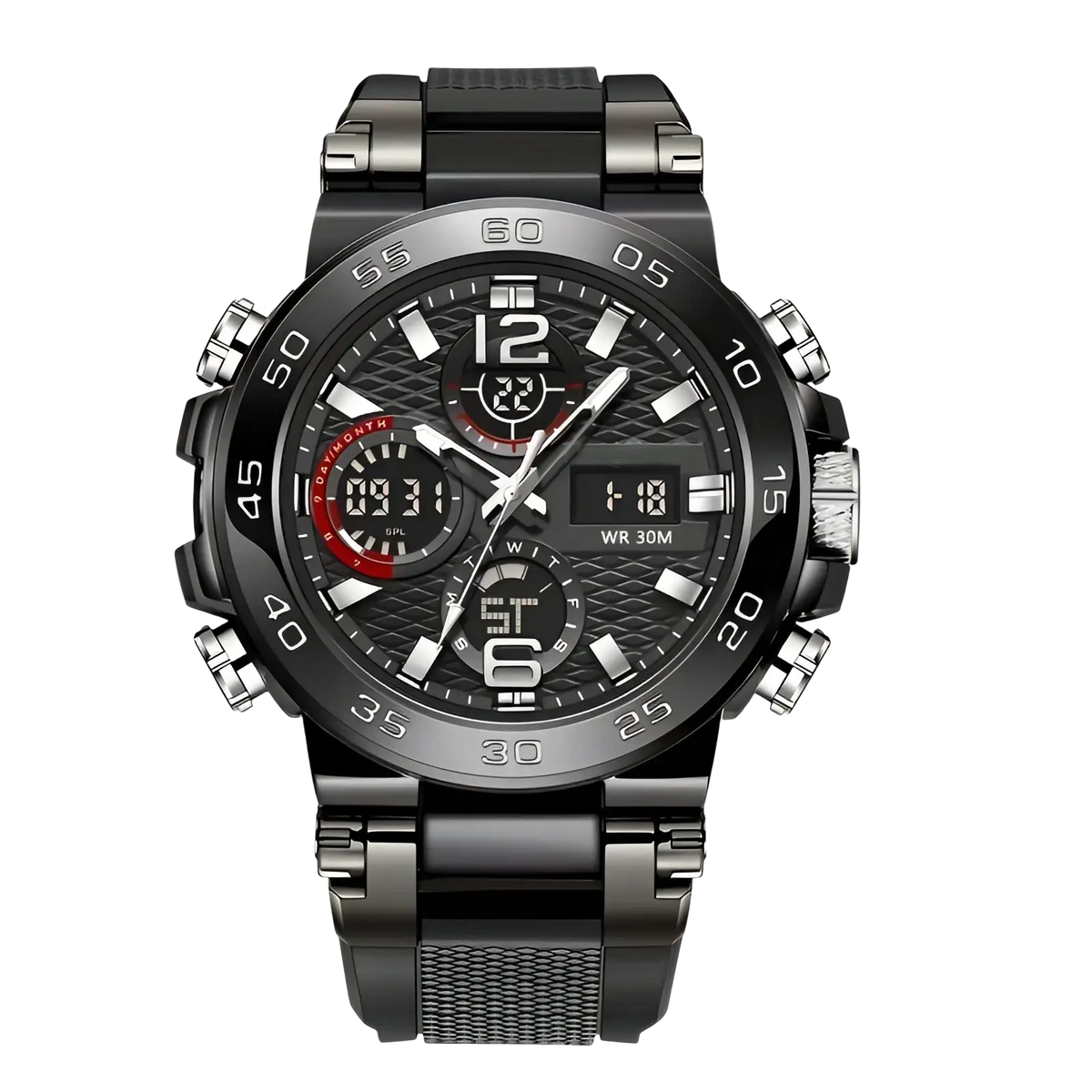 Men waterproof dual display sports watch in black and silver with a textured dial and rugged metal band