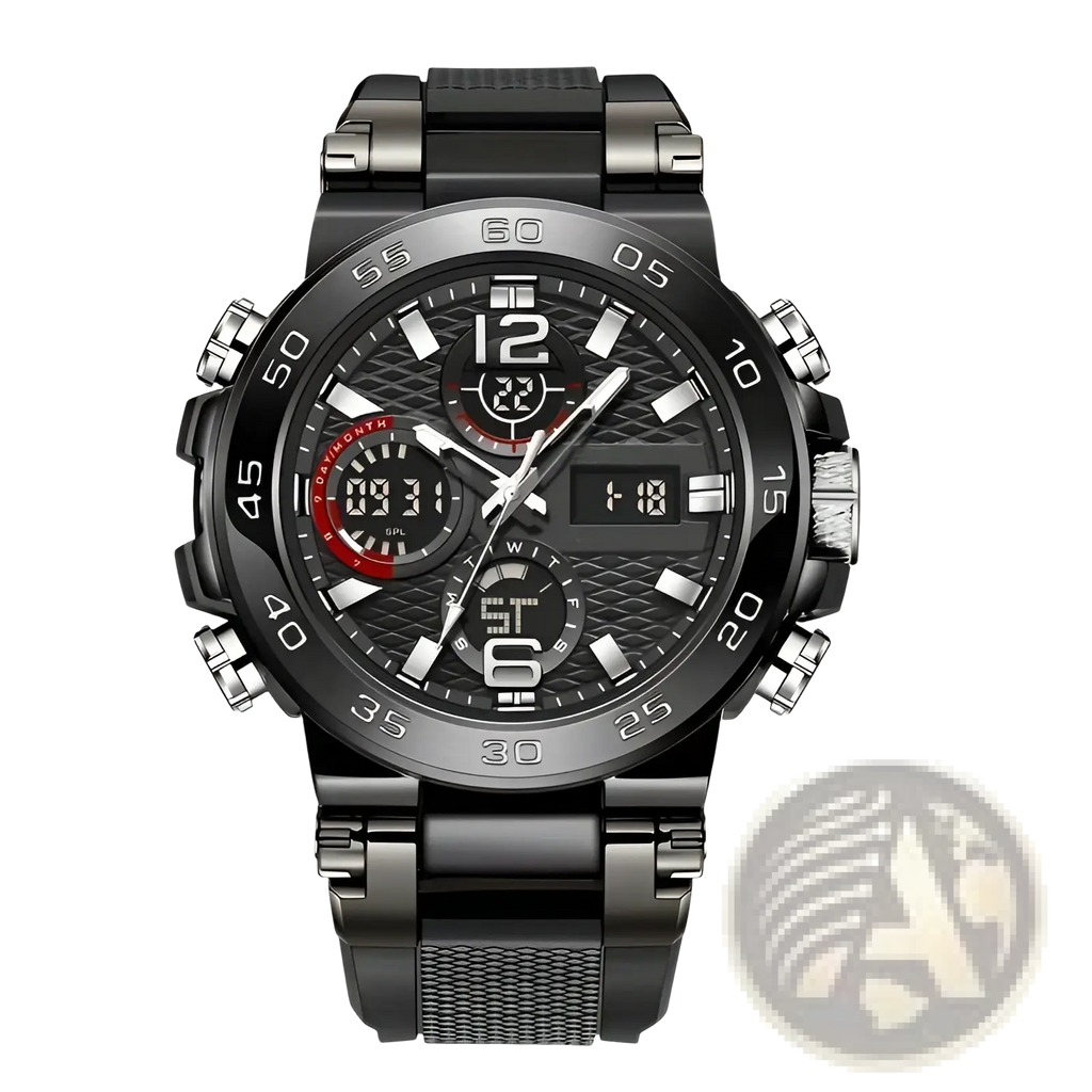 Men waterproof dual display sports watch in black and silver with textured dial, red sub-dial, and mesh-link bracelet