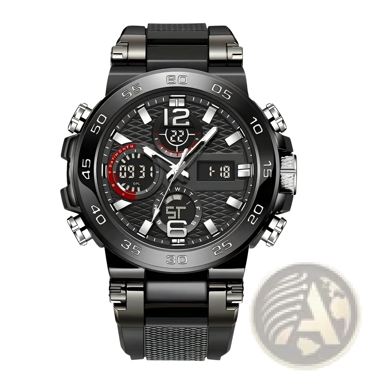 Men waterproof dual display sports watch in black and silver with textured dial, red sub-dial, and mesh-link bracelet