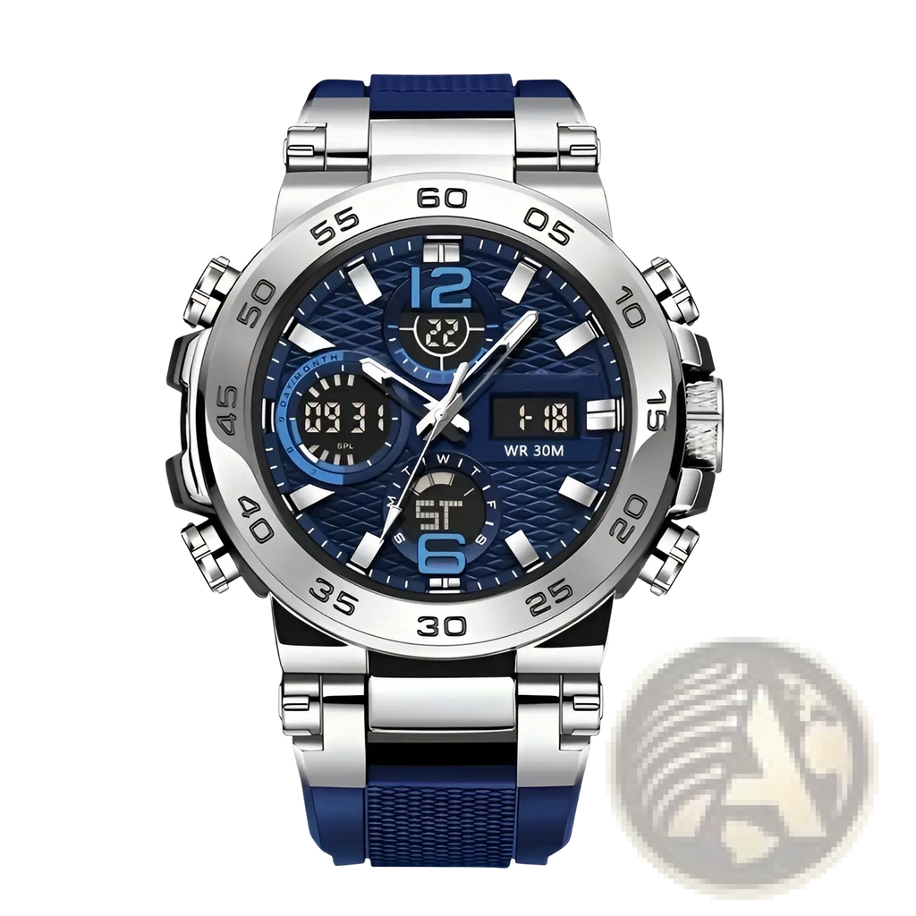 Men waterproof dual display sports watch with blue textured dial, silver stainless steel case, and navy rubber straps