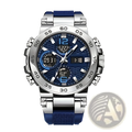 Men waterproof dual display sports watch with blue and silver dial, stainless steel case, and navy rubber straps