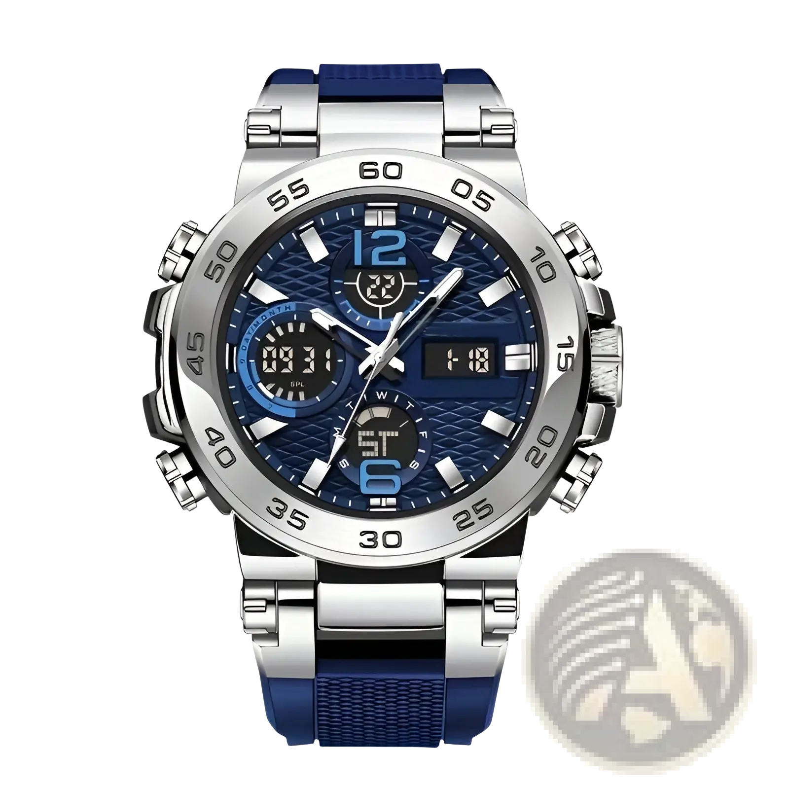 Men waterproof dual display sports watch with blue and silver dial, stainless steel case, and navy rubber straps