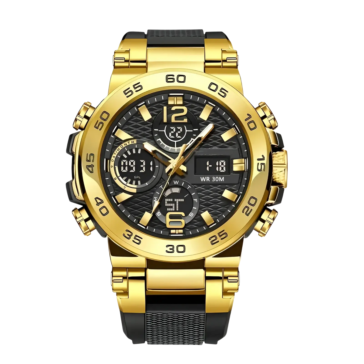 Men waterproof dual display sports watch in gold-tone stainless steel with black textured dial and mesh strap
