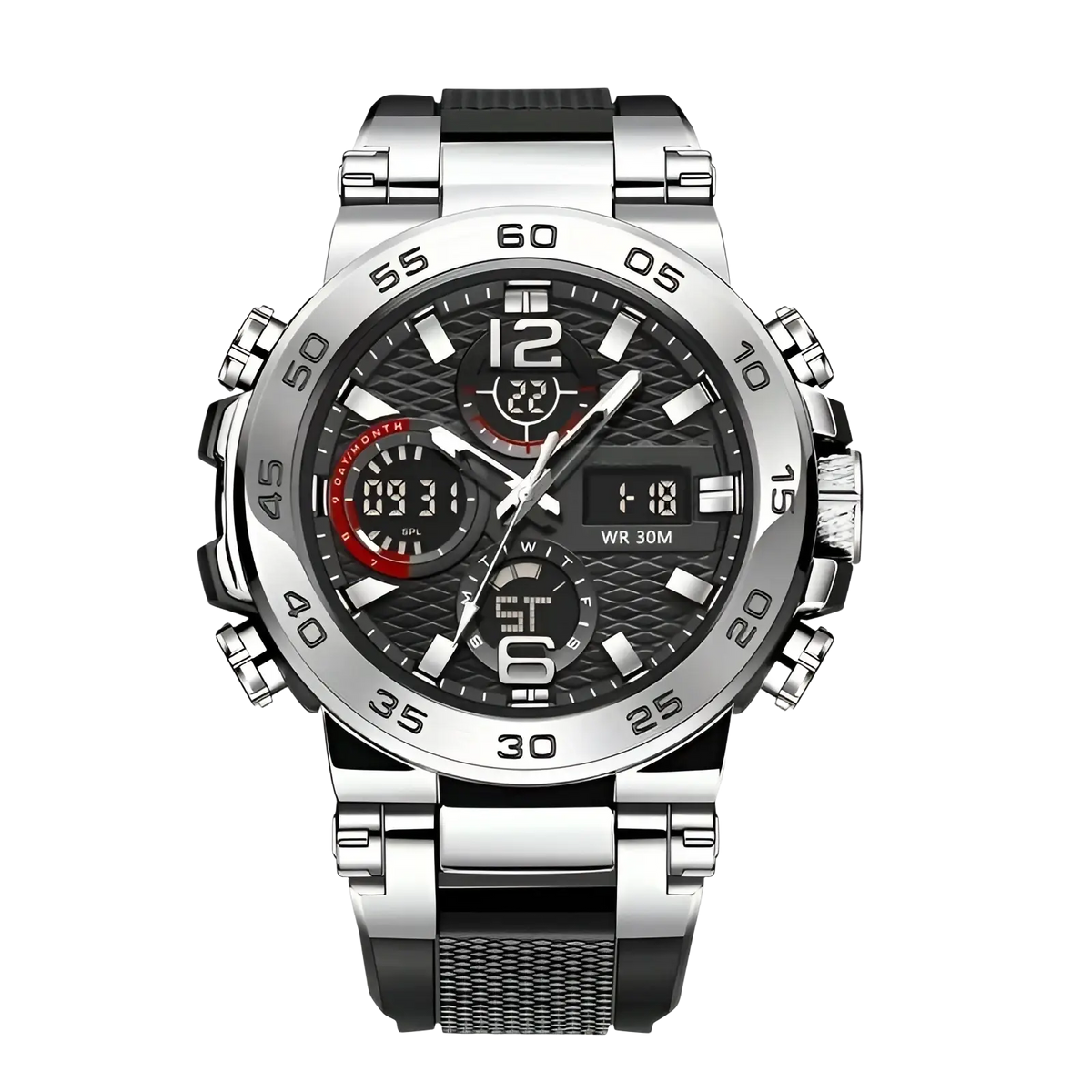 Men waterproof dual display sports watch silver and black with textured dial and stainless steel mesh link band
