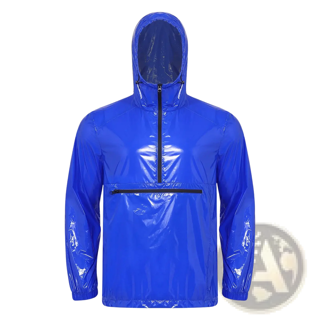 Men waterproof glossy rain jacket in vibrant royal blue nylon with hood and front zipper for windbreaker use