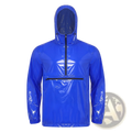 Men waterproof glossy rain jacket in vibrant royal blue nylon with hood and front zipper for windbreaker use