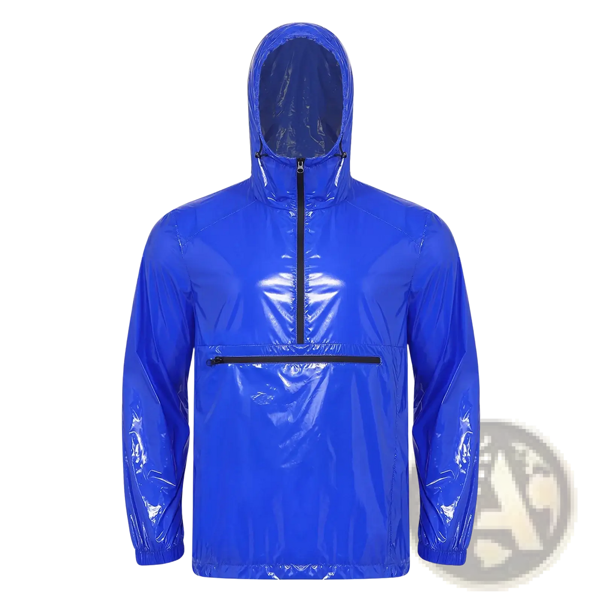 Men waterproof glossy rain jacket in vibrant royal blue nylon with hood and front zipper for windbreaker use