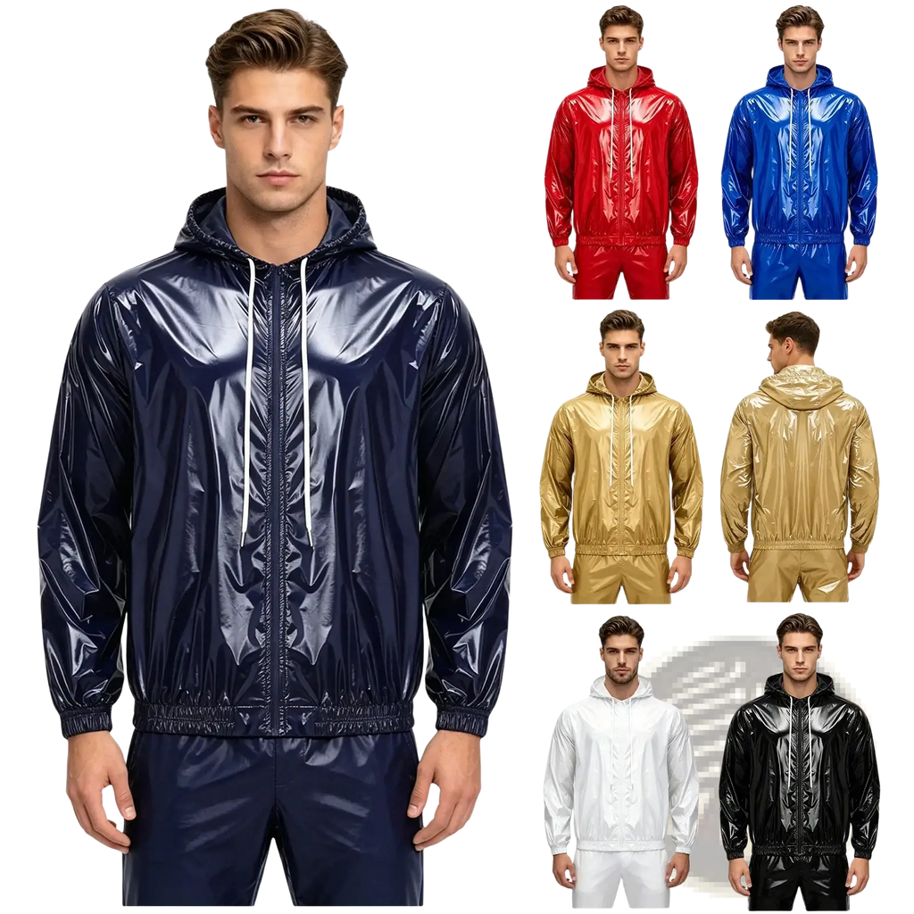 Men waterproof glossy rain jacket windbreaker in navy blue with matching pants set made of glossy material