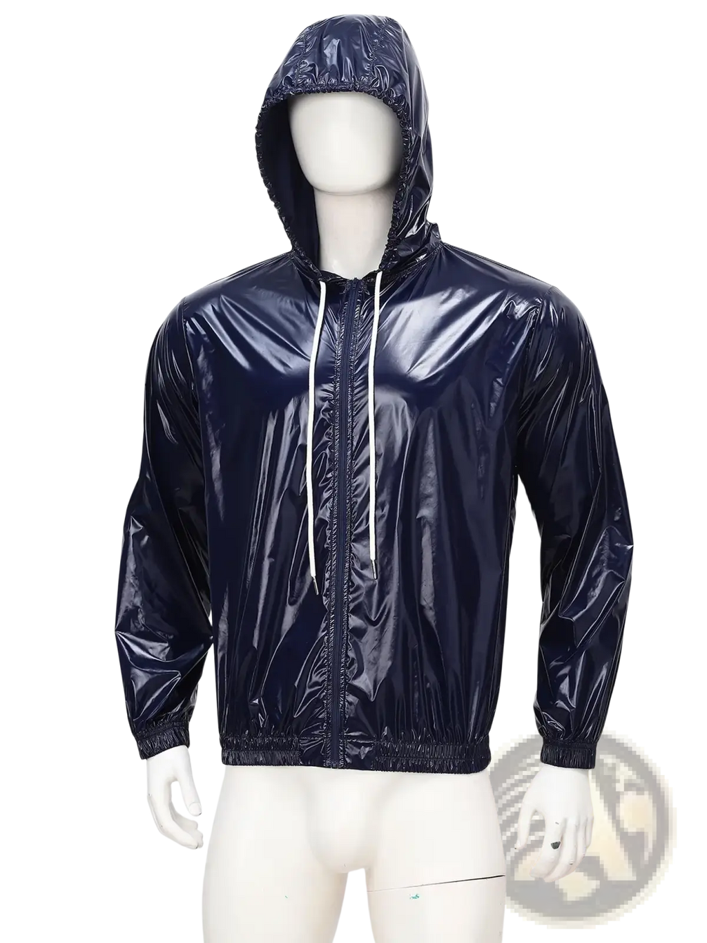 A shiny navy blue waterproof glossy men hooded rain jacket windbreaker with white drawstrings