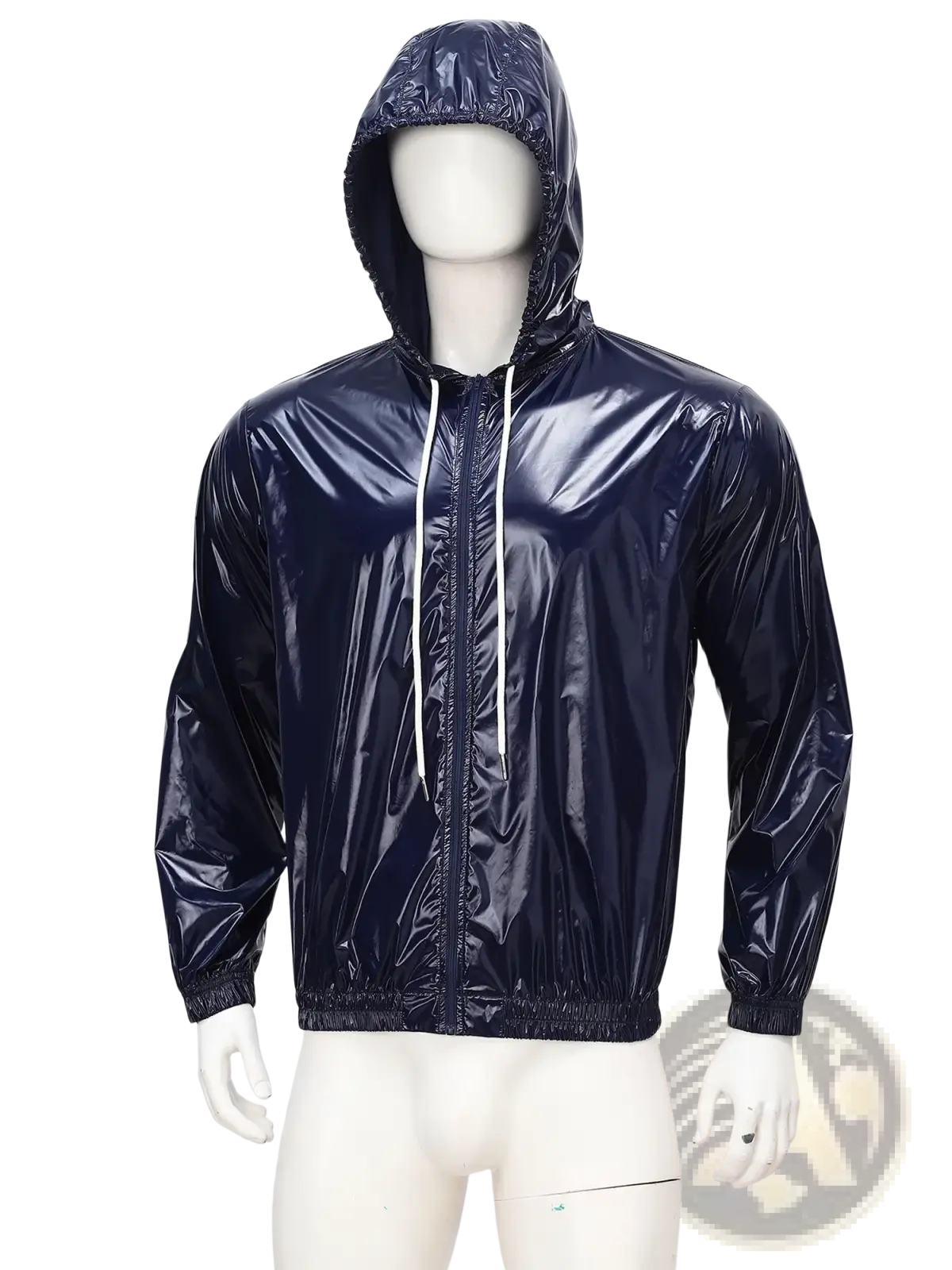 A shiny navy blue waterproof glossy men hooded rain jacket windbreaker with white drawstrings