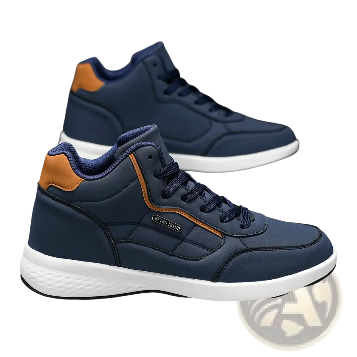 Men waterproof high top leather sneakers in navy blue with tan leather accents and white rubber sole for casual use