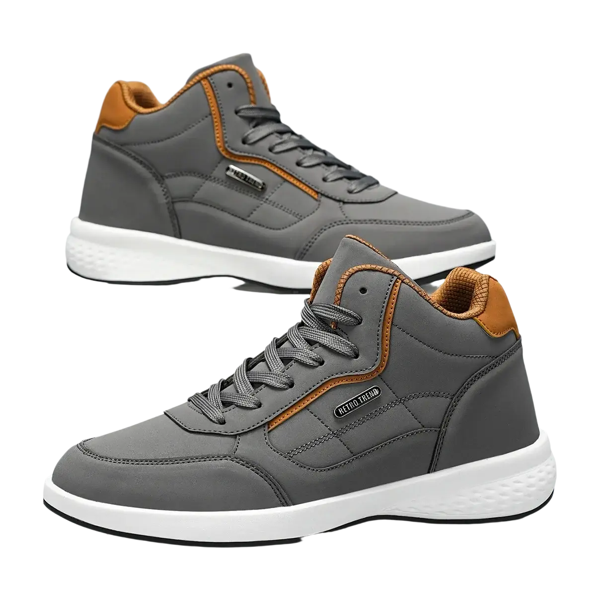 Men waterproof high top leather sneakers in gray with tan accents and a white rubber sole for casual wear