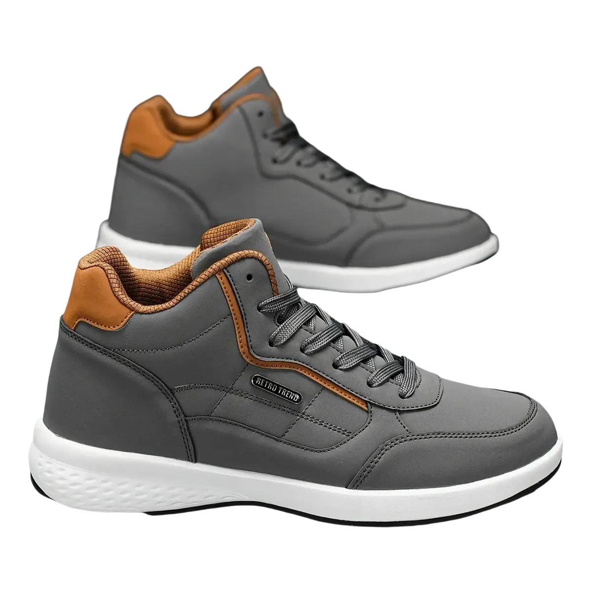 Men waterproof high top leather sneakers in gray and tan with stitched panels and white rubber sole for casual use