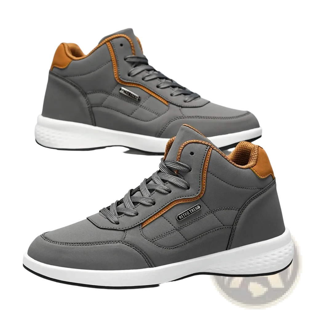Men waterproof high top leather sneakers in gray with tan accents and a white rubber sole for casual wear