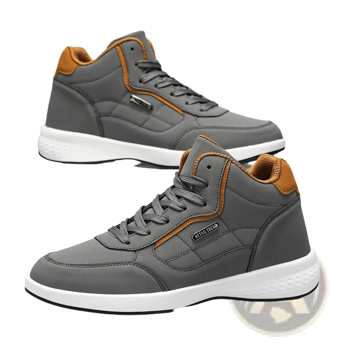 Men waterproof high top leather sneakers in gray with tan accents and a white rubber sole for casual wear
