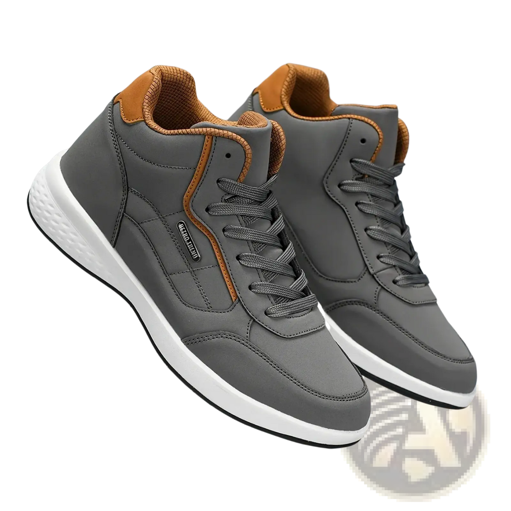 Men waterproof high top leather sneakers in gray with tan accents and white rubber sole for casual wear