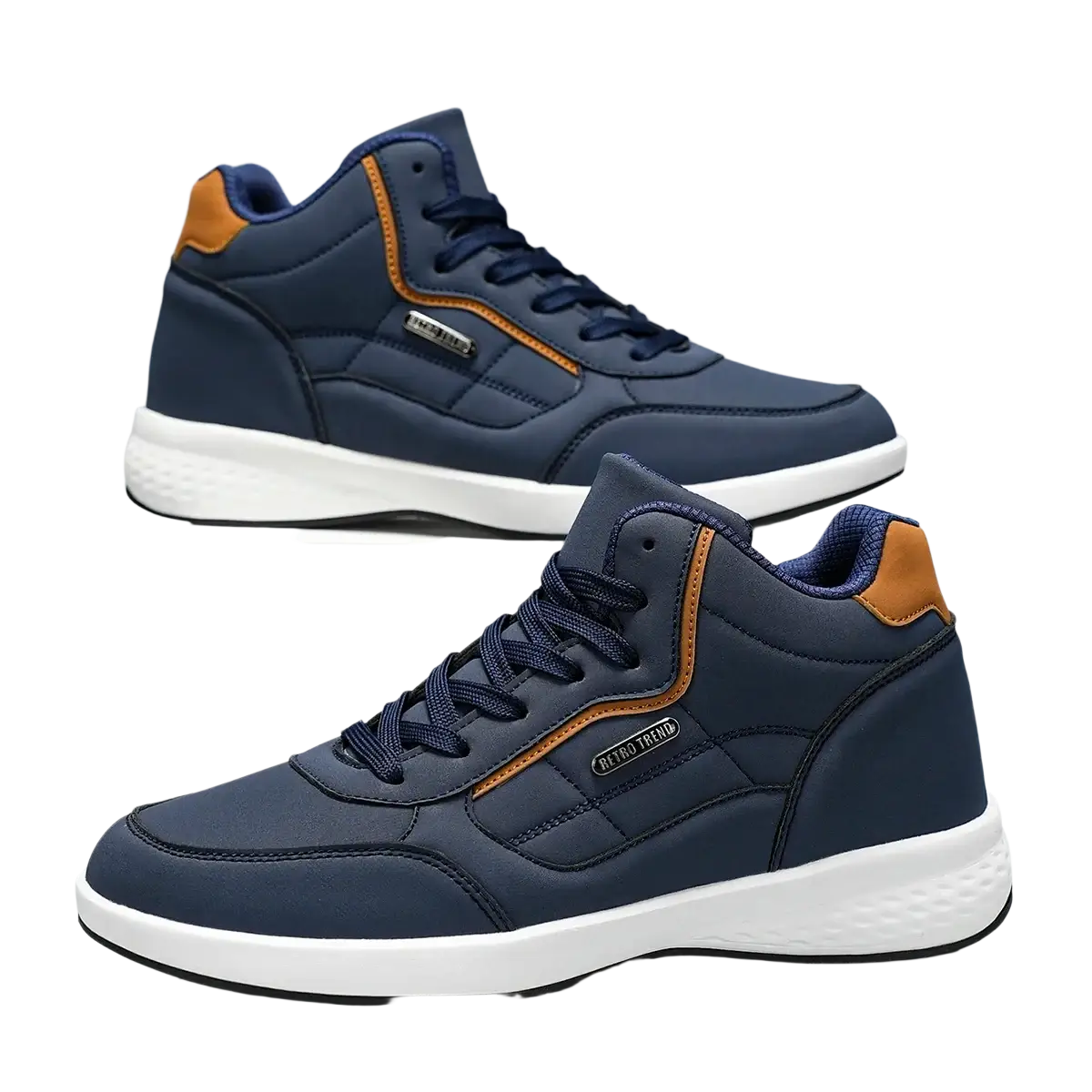 Navy blue waterproof high top leather sneakers with tan accents and white soles for men casual use