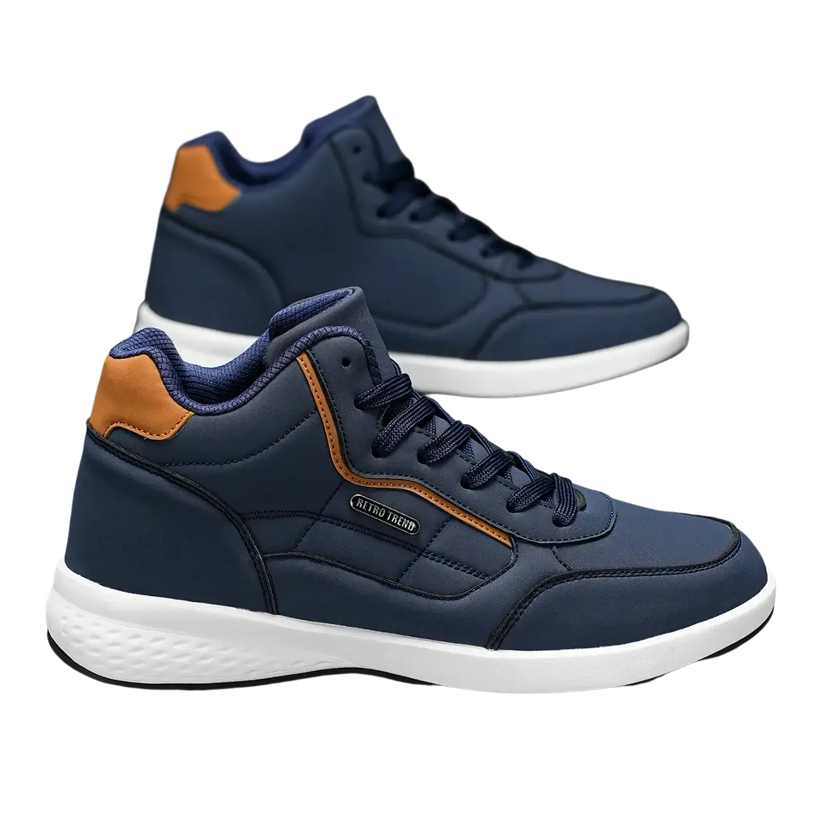 Men waterproof high top leather sneakers in navy blue with tan leather accents and white rubber sole for casual use