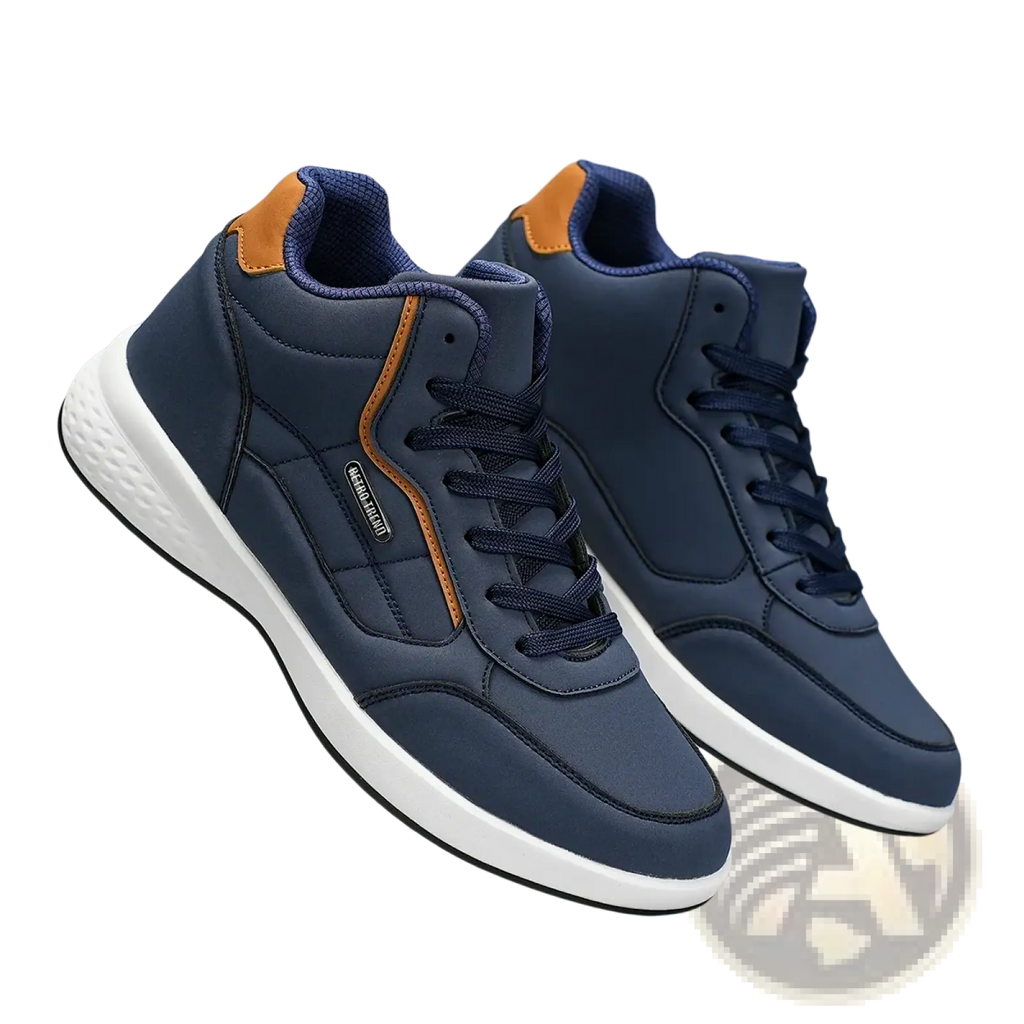 Men waterproof high top leather sneakers in navy blue and orange with white rubber sole for casual use
