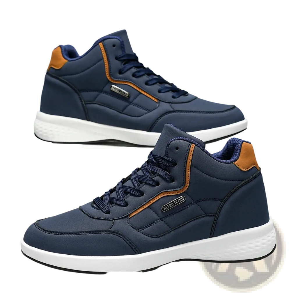 Navy blue waterproof high top leather sneakers with tan accents and white soles for men casual use