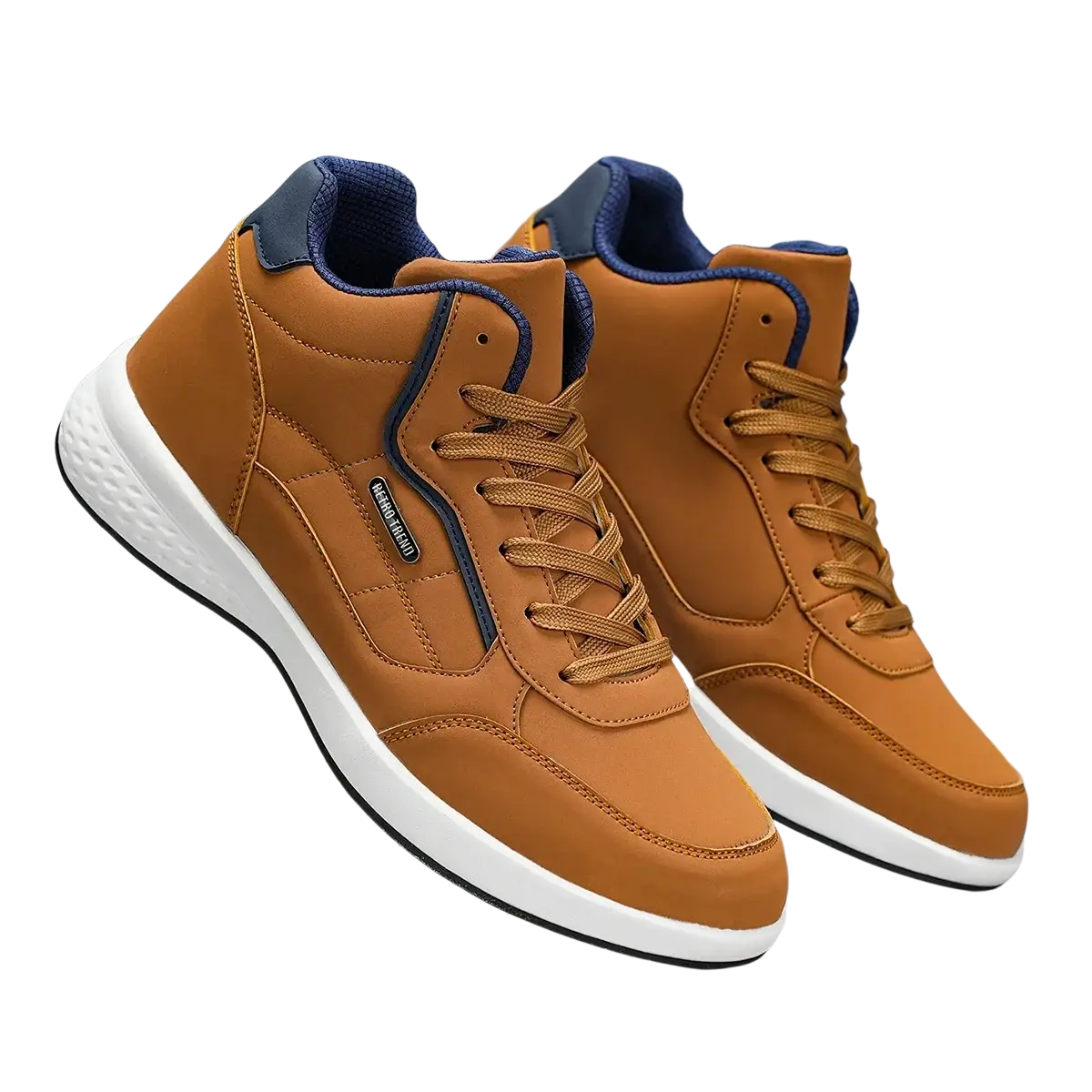 Men waterproof high top leather sneakers in tan with navy blue accents and white rubber sole for casual wear