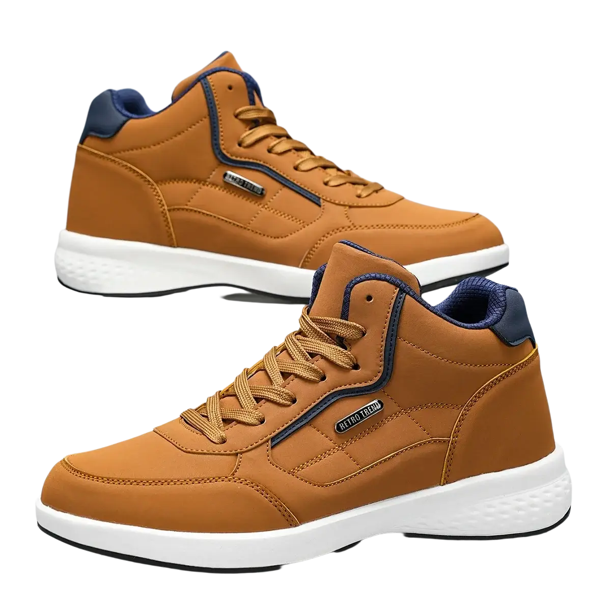 Men waterproof high top leather sneakers in tan with navy blue accents and white rubber sole for casual wear