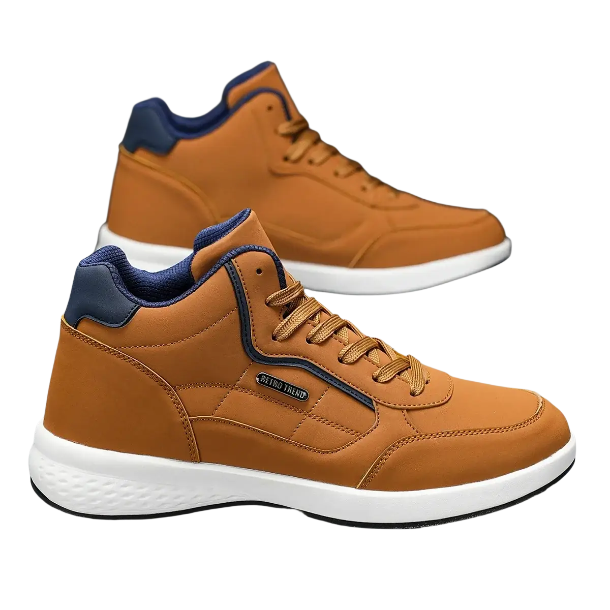 Men waterproof high top leather sneakers in tan with navy blue accents and white rubber sole for casual use