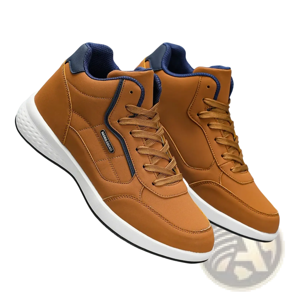 Men waterproof high top leather sneakers in tan with navy blue accents and white rubber sole for casual wear